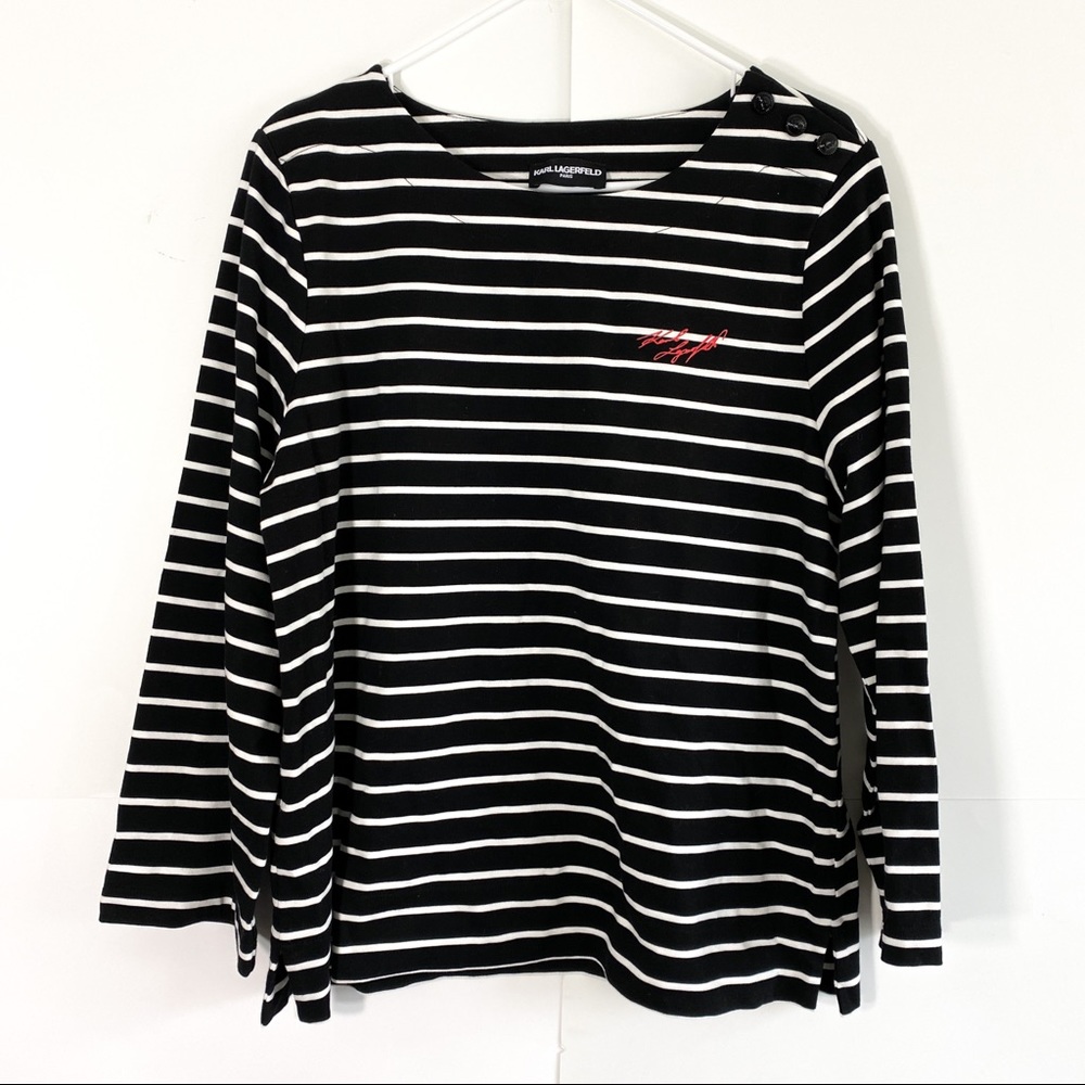 KARL LAGERFELD Striped Cotton Top button detail on the shoulder